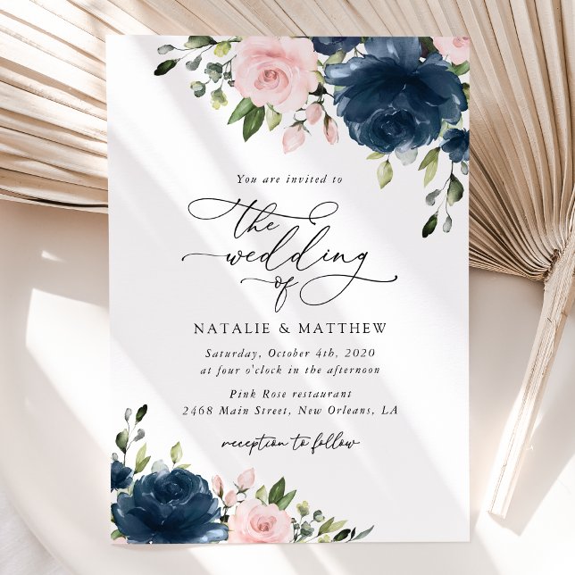 Navy Blue Flowers, Pink Flowers, Floral Wedding Invitation (Creator Uploaded)