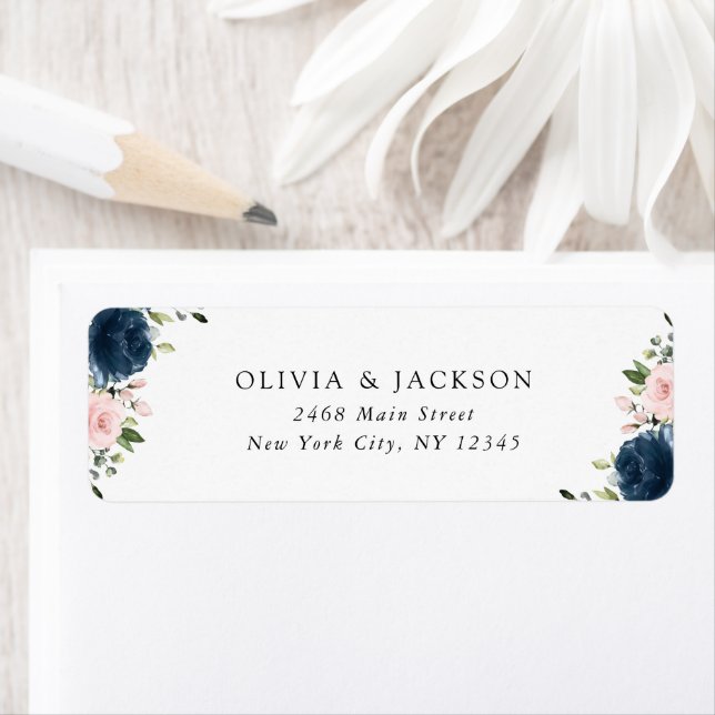 Navy Blue Flowers, Pink Flowers, Floral Wedding Label (Insitu)