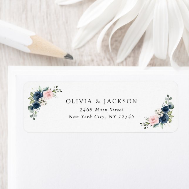 Navy Blue Flowers, Pink Flowers, Floral Wedding Label (Insitu)