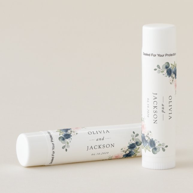 Navy Blue Flowers, Pink Flowers, Floral Wedding Lip Balm (Front)