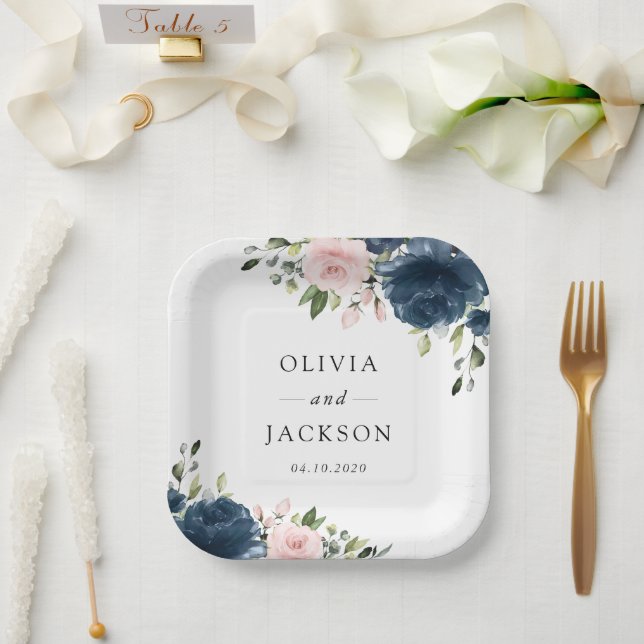 Navy Blue Flowers, Pink Flowers, Floral Wedding Paper Plates (Wedding)