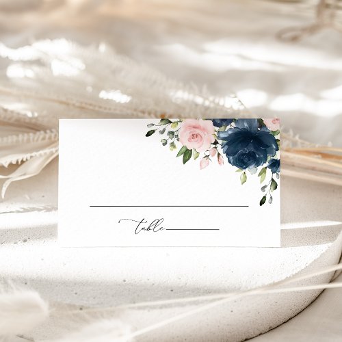 Navy Blue Flowers Pink Flowers Floral Wedding Place Card