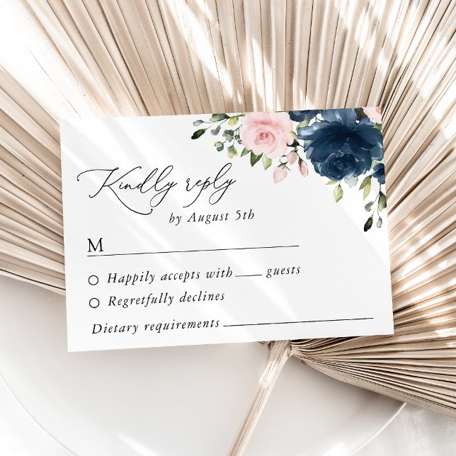 Navy Blue Flowers, Pink Flowers, Floral Wedding RSVP Card (Creator Uploaded)