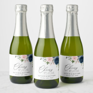 Navy Blue Flowers, Pink Flowers, Floral Wedding Sparkling Wine Label