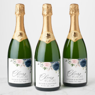 Navy Blue Flowers, Pink Flowers, Floral Wedding Sparkling Wine Label