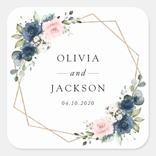 Navy Blue Flowers Pink Flowers Floral Wedding Square Sticker