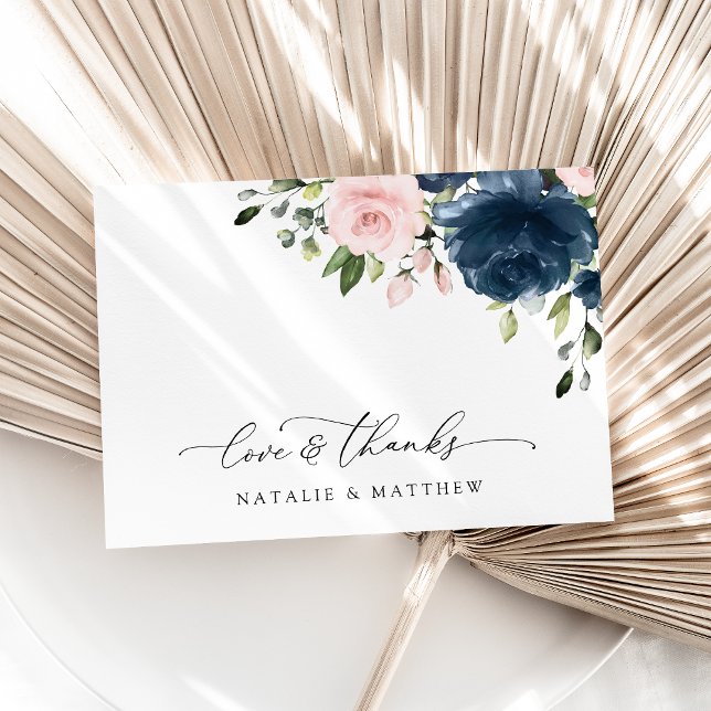 Navy Blue Flowers, Pink Flowers, Floral Wedding Thank You Card (Creator Uploaded)