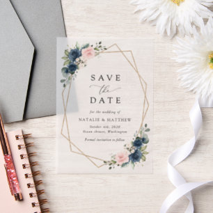 Navy Blue Flowers, Pink Flowers, Floral Wedding Vellum Invitations