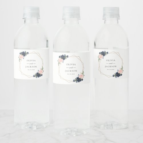 Navy Blue Flowers Pink Flowers Floral Wedding Water Bottle Label