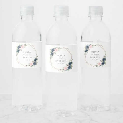 Navy Blue Flowers Pink Flowers Floral Wedding Water Bottle Label