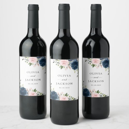 Navy Blue Flowers Pink Flowers Floral Wedding Wine Label