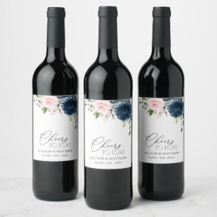 Navy Blue Flowers, Pink Flowers, Floral Wedding Wine Label