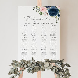 Navy Blue Flowers, Pink Flowers, Seating Chart Foam Board