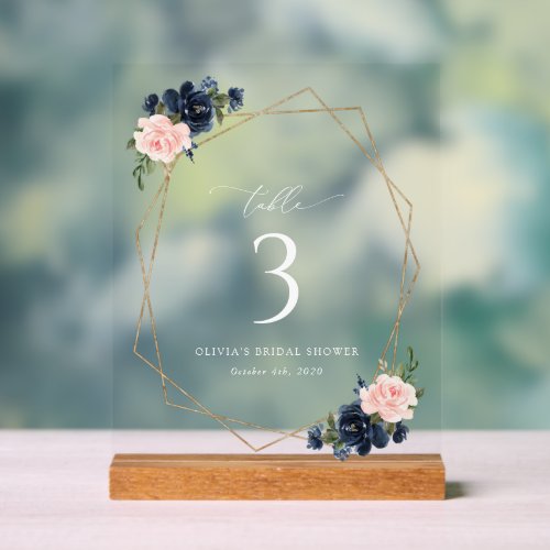 Navy Blue Flowers Pink Flowers Table Numbers Acrylic Sign