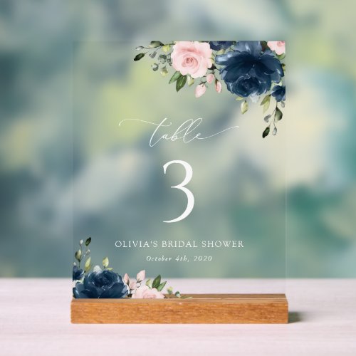 Navy Blue Flowers Pink Flowers Table Numbers Acrylic Sign