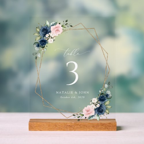 Navy Blue Flowers Pink Flowers Table Numbers Acrylic Sign