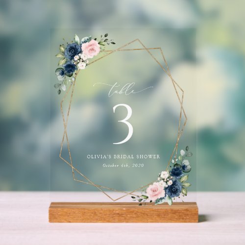 Navy Blue Flowers Pink Flowers Table Numbers Acrylic Sign