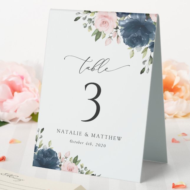 Navy Blue Flowers, Pink Flowers, Table Numbers Table Tent (In SItu (Wedding))