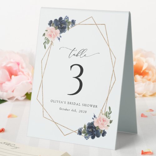 Navy Blue Flowers Pink Flowers Table Numbers Table Tent Sign