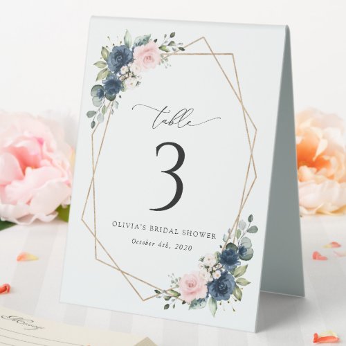 Navy Blue Flowers Pink Flowers Table Numbers Table Tent Sign