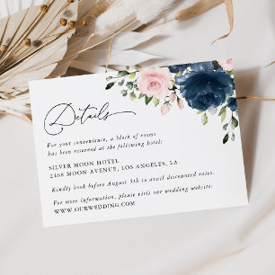 Navy Blue Flowers, Pink Flowers, Wedding Details Enclosure Card