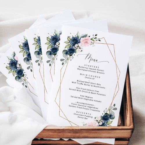 Navy Blue Flowers Pink Flowers Wedding Menu