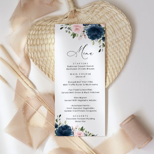 Navy Blue Flowers Pink Flowers Wedding Menu