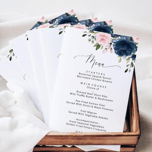 Navy Blue Flowers Pink Flowers Wedding Menu