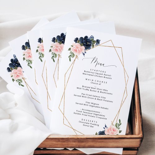 Navy Blue Flowers Pink Flowers Wedding Menu