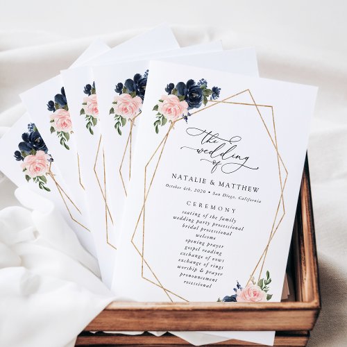 Navy Blue Flowers Pink Flowers Wedding Program