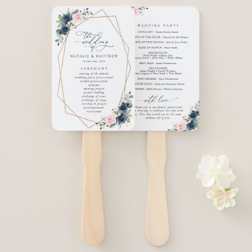 Navy Blue Flowers Pink Flowers Wedding Program Hand Fan