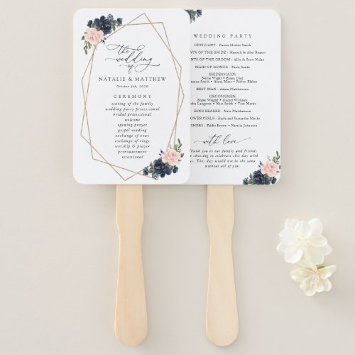 Navy Blue Flowers Pink Flowers Wedding Program  Hand Fan