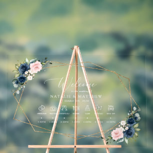 Navy Blue Flowers, Pink Flowers, Wedding Timeline Acrylic Sign