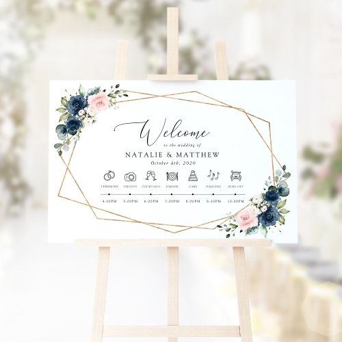 Navy Blue Flowers Pink Flowers Wedding Timeline Foam Board