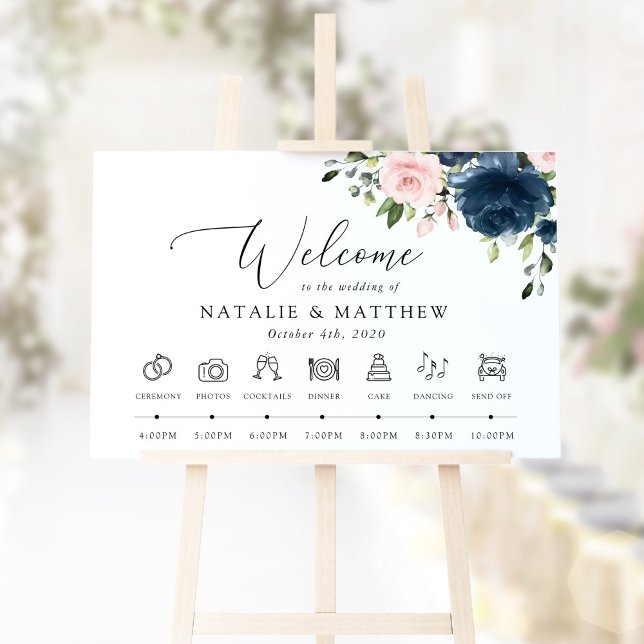 Navy Blue Flowers, Pink Flowers, Wedding Timeline Foam Board (Creator Uploaded)