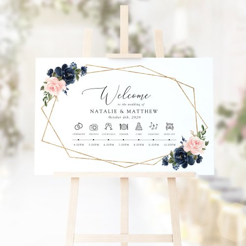 Navy Blue Flowers Pink Flowers Wedding Timeline Poster