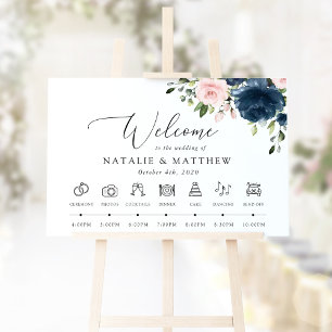 Navy Blue Flowers, Pink Flowers, Wedding Timeline Sign