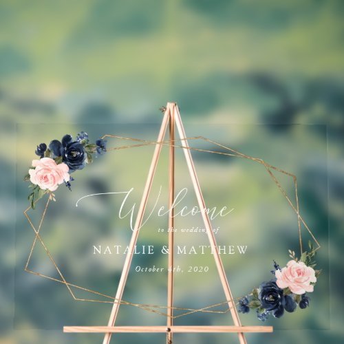 Navy Blue Flowers Pink Flowers Wedding Welcome  Acrylic Sign