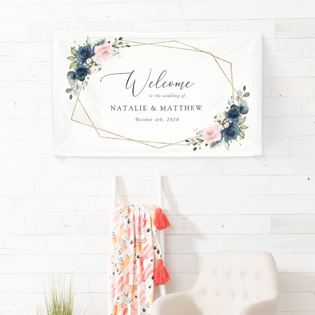 Navy Blue Flowers, Pink Flowers, Wedding Welcome Banner (Insitu)