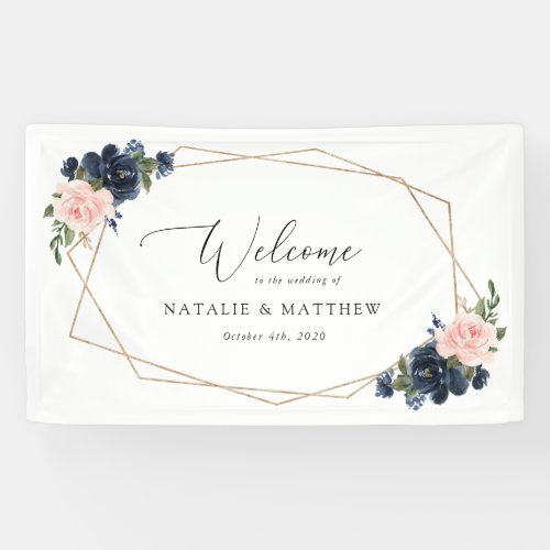 Navy Blue Flowers Pink Flowers Wedding Welcome  Banner