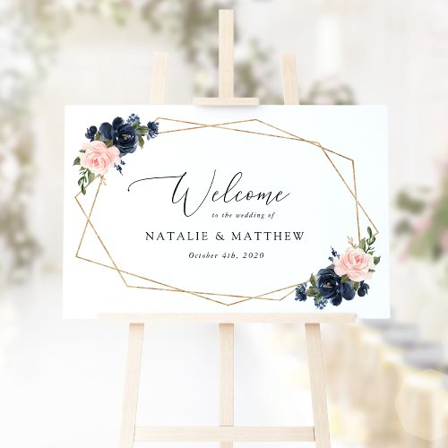 Navy Blue Flowers Pink Flowers Wedding Welcome  Foam Board