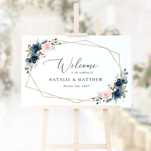 Navy Blue Flowers Pink Flowers Wedding Welcome Foam Board