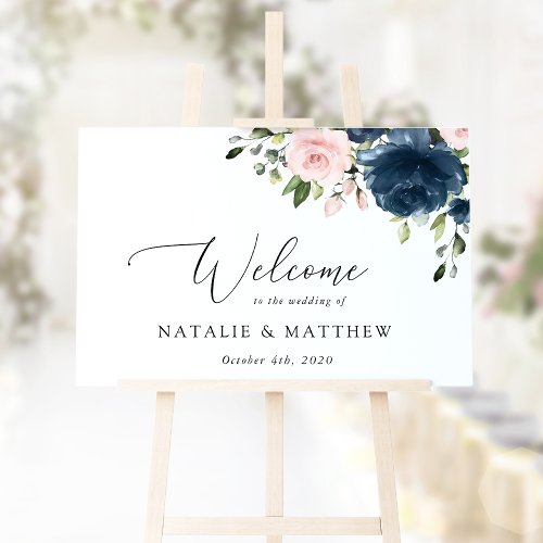 Navy Blue Flowers Pink Flowers Wedding Welcome Poster