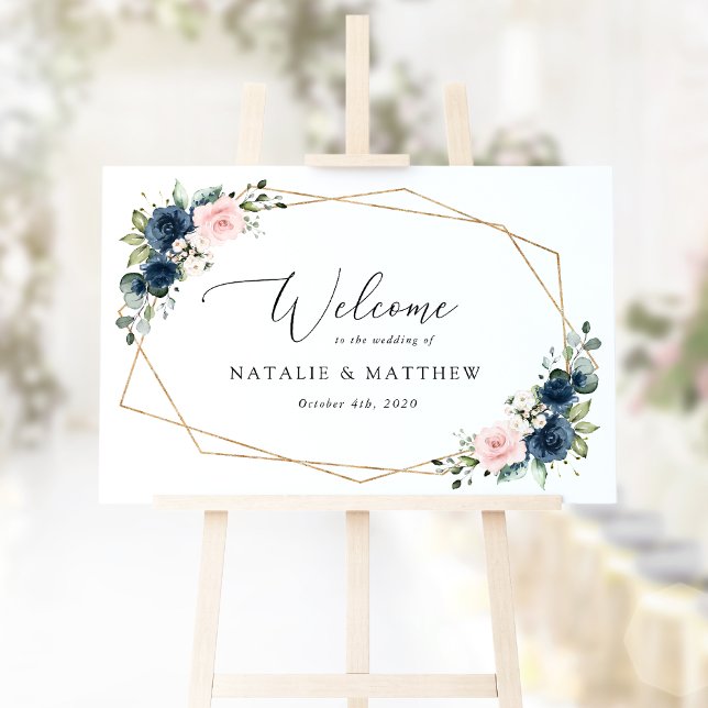 Navy Blue Flowers, Pink Flowers, Wedding Welcome Sign (Creator Uploaded)