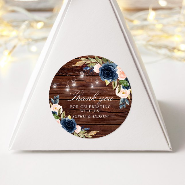 Navy Blue Flowers Rustic Wedding Classic Round Sticker (Creator Uploaded)