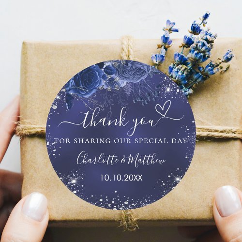 Navy blue flowers silver wedding thank you classic round sticker