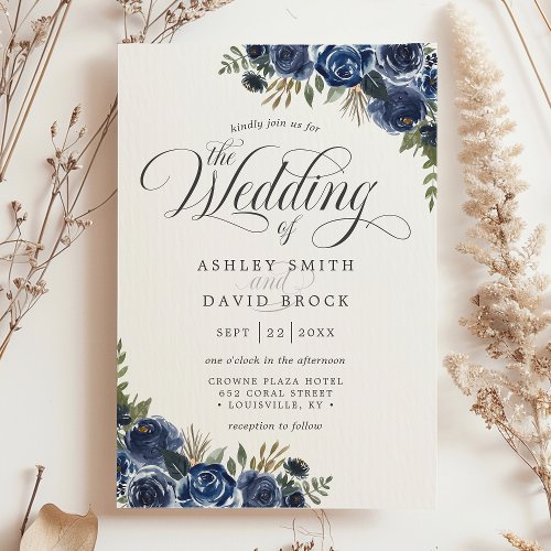 Navy Blue Flowers Watercolor Calligraphy Wedding Invitation