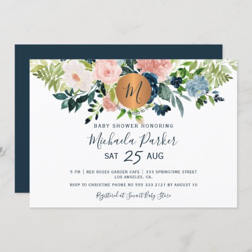 Navy blue flowers watercolor monogram baby shower invitation