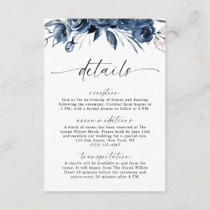 Navy Blue Flowers Wedding Calligraphy QR Code Enclosure Card
