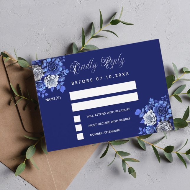 Navy blue flowers wedding response RSVP Note Card (Creator Uploaded)